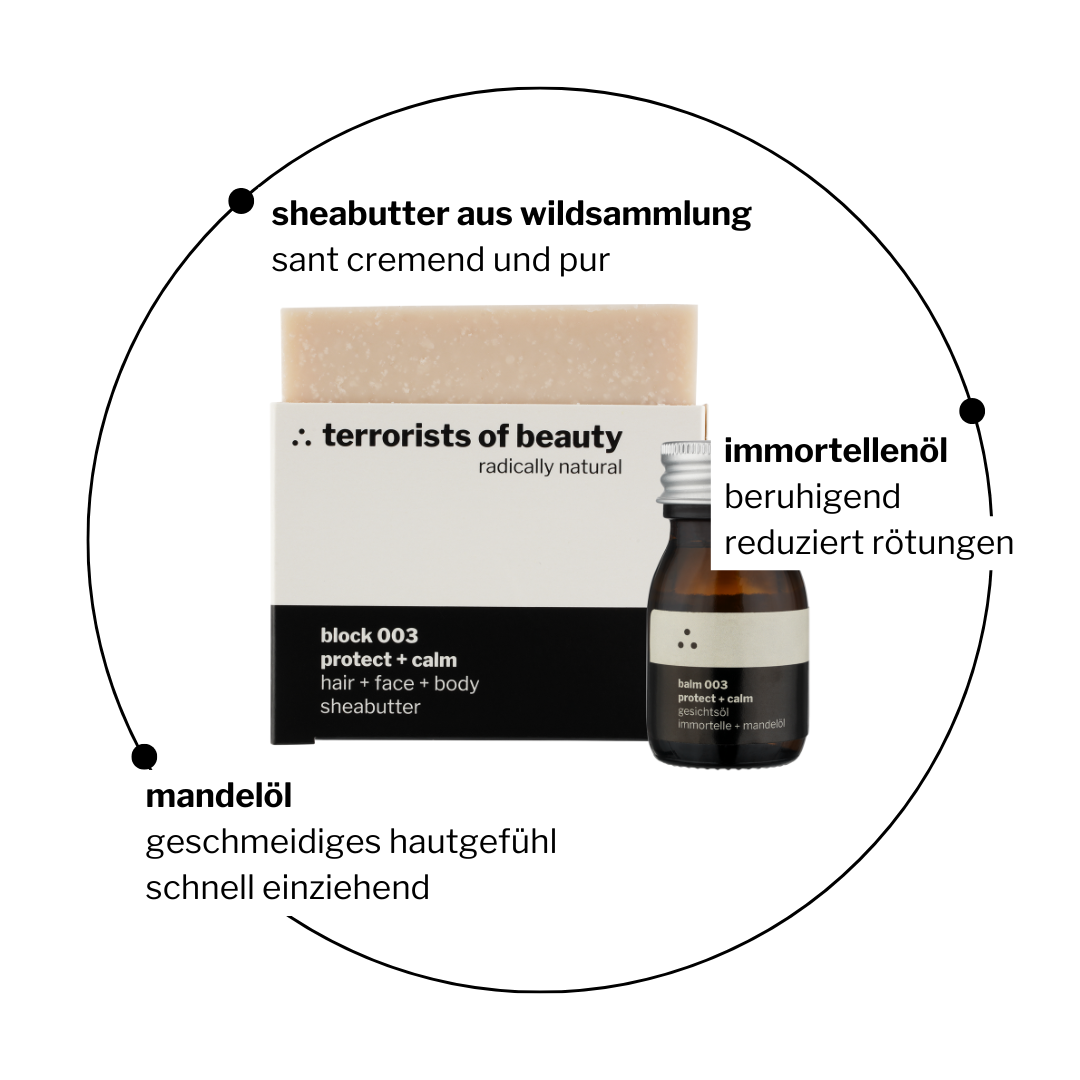 Seife mit Sheabutter und das Gesichtsöl mit beruhigender Immortelle sind die perfekte Kombination, um deine Haut intensiv zu pflegen und mit wertvoller Feuchtigkeit zu versorgen